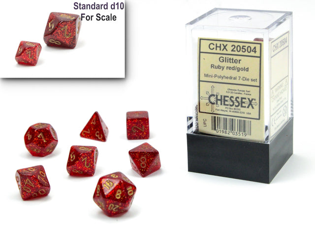 Chessex Glitter Mini Polyhedral 7 Die Set Ruby/Gold