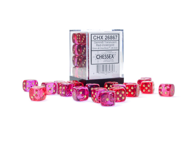 Chessex Gemini Translucent Red-Violet/Gold 12MM D6 Dice Block