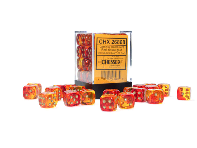 Chessex Gemini Translucent Red-Yellow/Gold 12MM D6 Dice Block