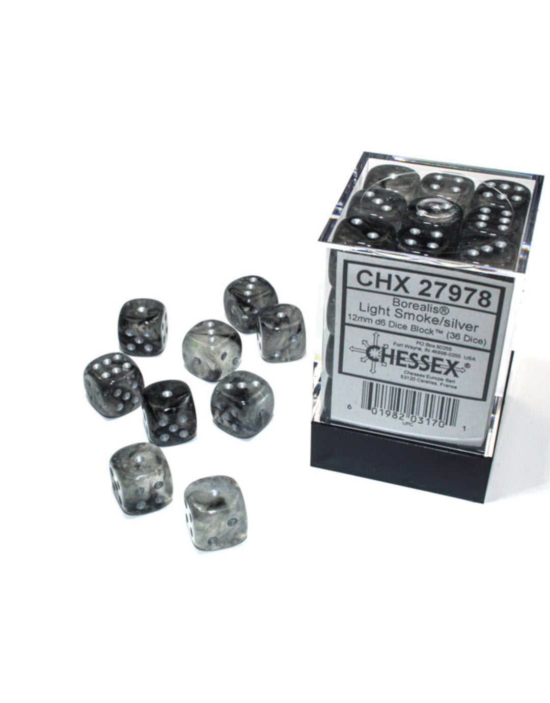 Chessex Borealis 12mm d6 Light Smoke/silver Luminary Dice Block (36 dice)