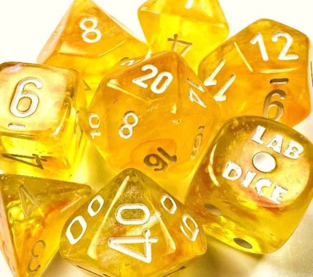 Chessex Lab Dice 6 Borealis Canary/White Luminary 7 Die set with Bonus Die
