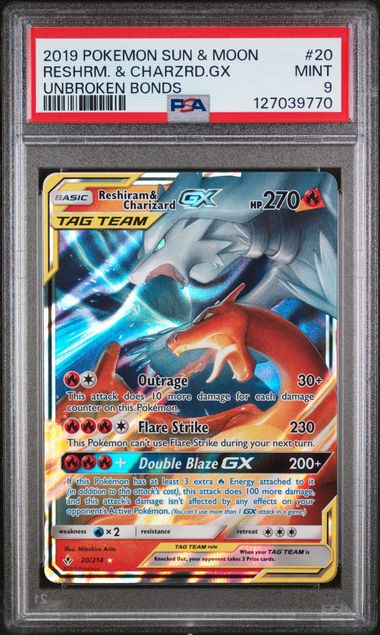 SUN & MOON UNBROKEN BONDS #20 RESHRM. & CHARZRD.GX (PSA 9)