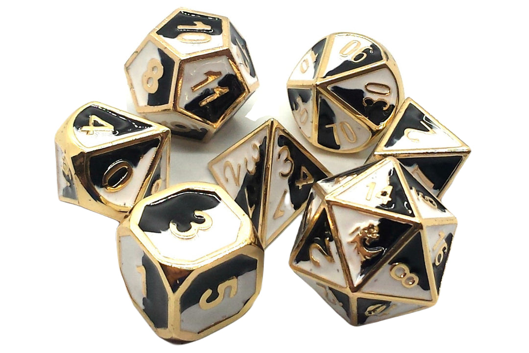 7 Piece DnD RPG Metal Dice Set: Dragon Forged - Black & White w/ Gold