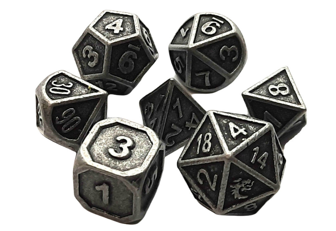 7 Piece DnD RPG Metal Dice Set: Dwarven Forged - Ancient Silver