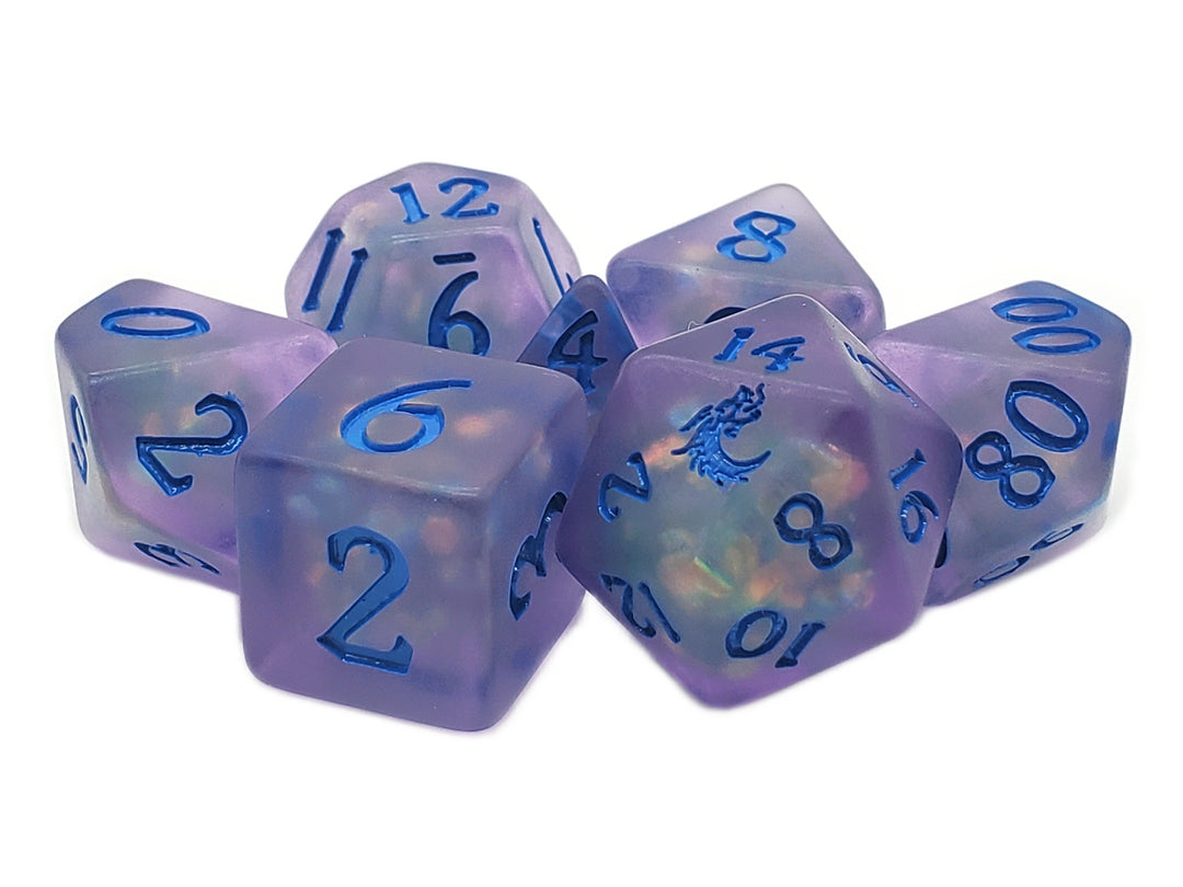 7 Piece DnD RPG Dice Set: Infused - Frosted Firefly - Lavender w/ Blue