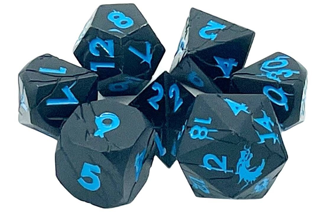 7 Piece DnD RPG Metal Dice Set: Orc Forged - Matte Black w/ Blue