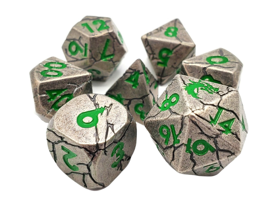 7 Piece DnD RPG Metal Dice Set: Orc Forged - Ancient Silver w/ Green